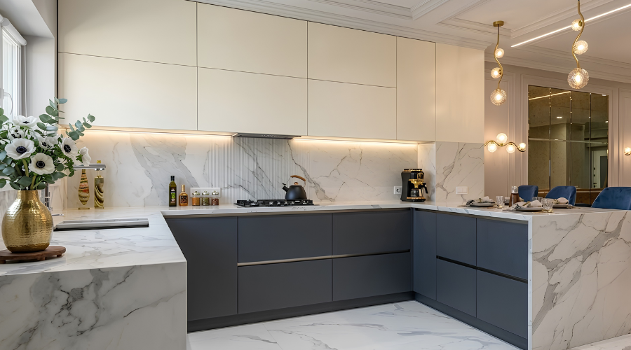 U-shaped kitchen with cabinets on three walls