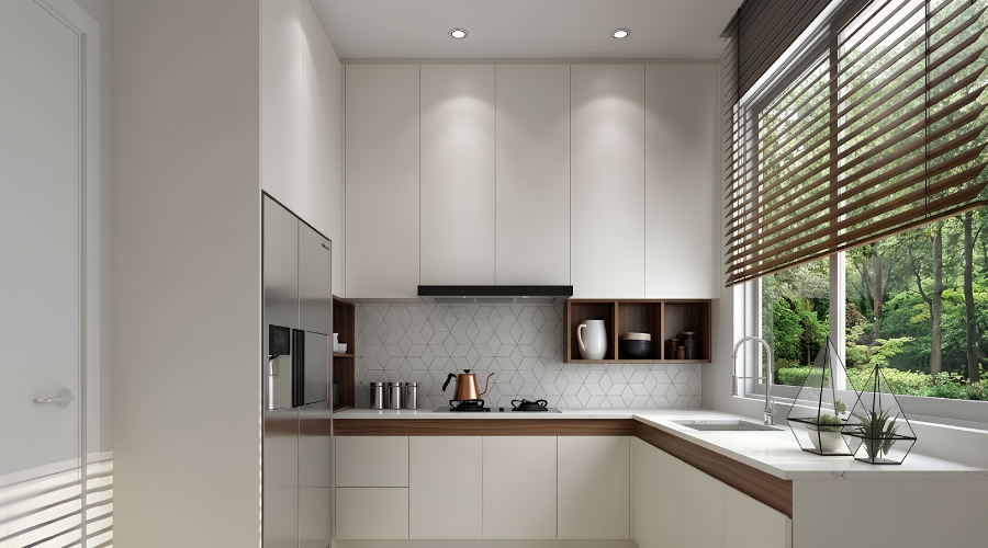 L-shaped kitchen cabinet layout with an open centre