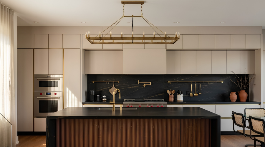 Full custom kitchen with wall units, base cabinets and tall storage