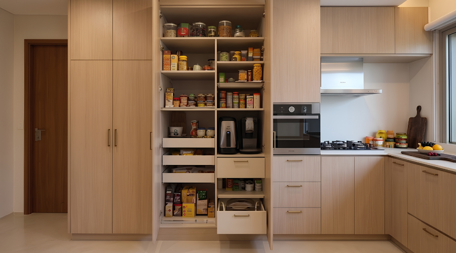 Custom pantry with tall storage and shelving