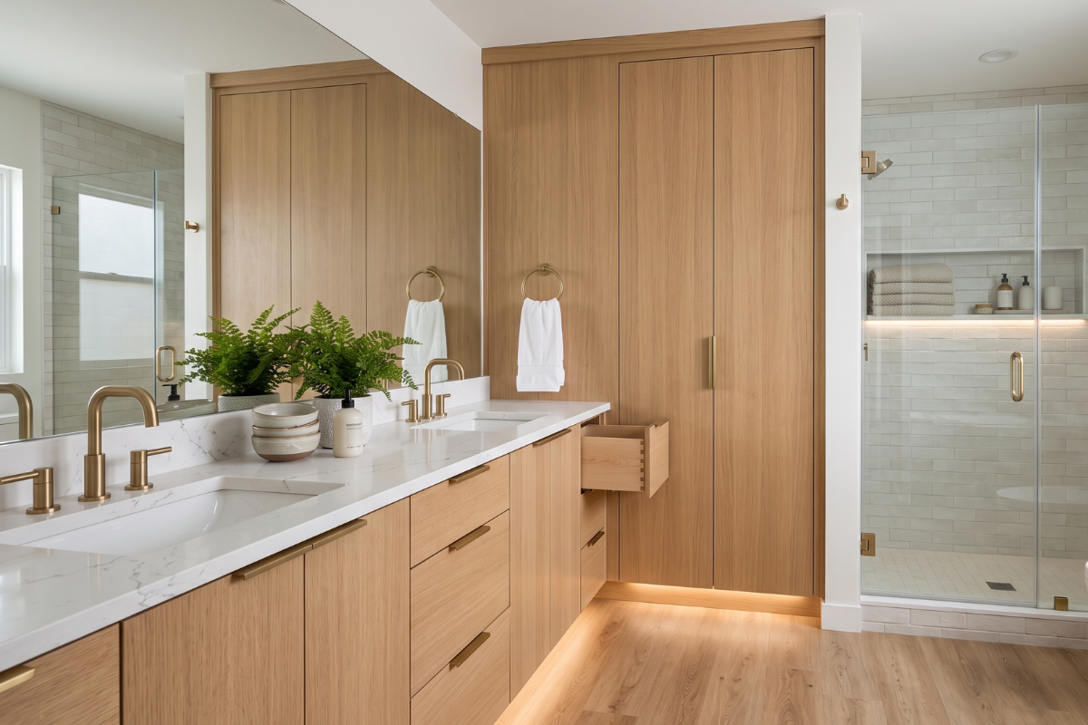 Custom bathroom vanity and linen cabinet