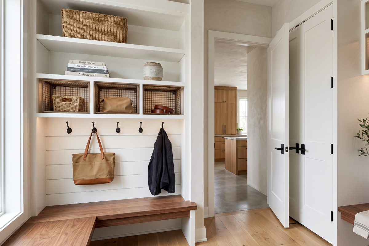 Mudroom cabinets with storage for coats, shoes and bags